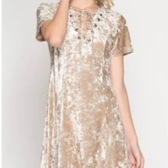 151 SHE & SKY BEIGE LIGHT WEIGHT CRUSHED VELVET DRESS - Picture 1 of 8